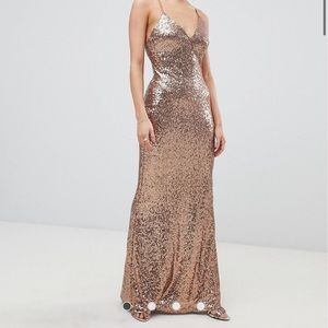 Outrageous Fortune sequin cross strap back maxi dress in gold.